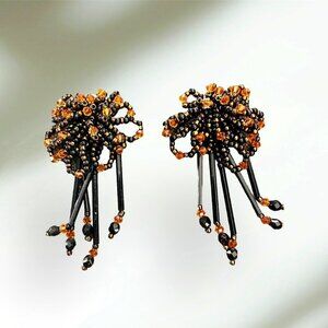 Vintage 80's Iridescent Bead Cluster Drop Clip Earrings Black Post Back Closure